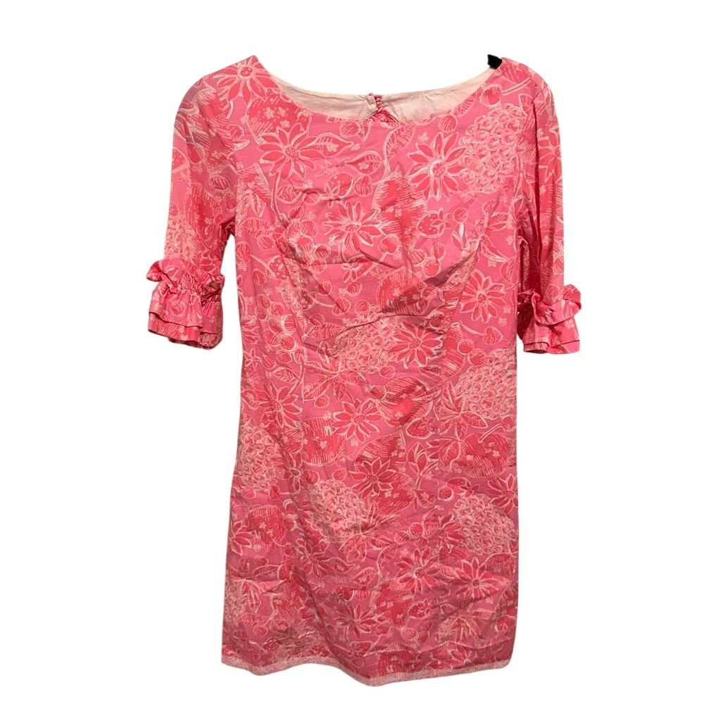 Lilly Pulitzer Pink Floral Pineapple Shift Dress Ruffle Sleeve Keyhole Back - Picture 2 of 6
